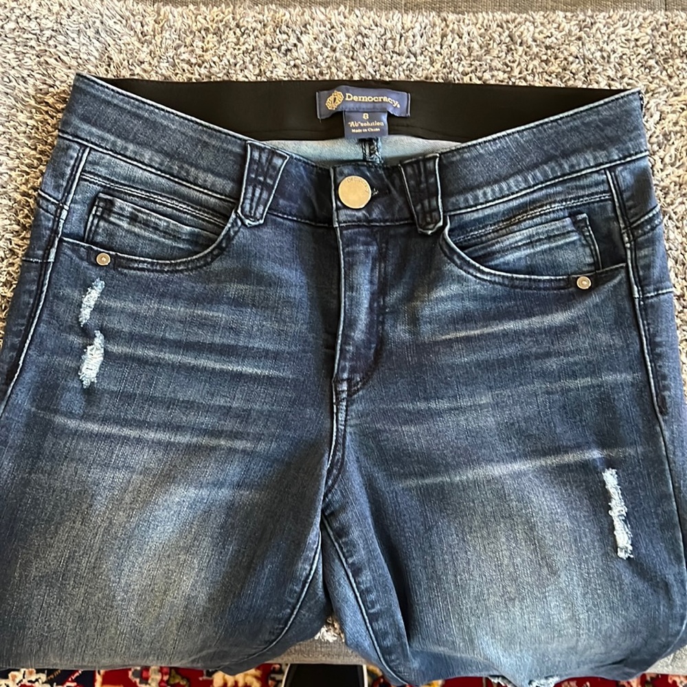 Democracy Absolution jeans. Size 8. Stretch waistband. Distressed. Skinny fit.